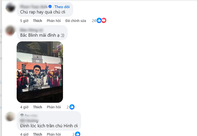 "Chú rap hay quá", "Đỉnh nóc kịch trần chú Hinh ơi", một số cư dân mạng bình luận. Ảnh chụp màn hình.