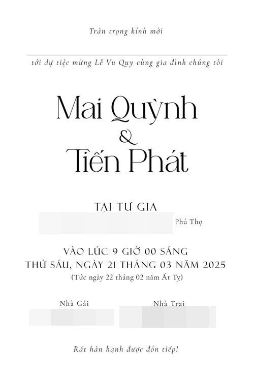 Đám cưới của Quỳnh Lương và Tiến Phát sẽ diễn ra vào ngày 21/3. "Mời mọi người đi đám cưới online cùng chúng tui nha", nữ diễn viên hài hước viết khi chia sẻ hình ảnh thiệp cưới.