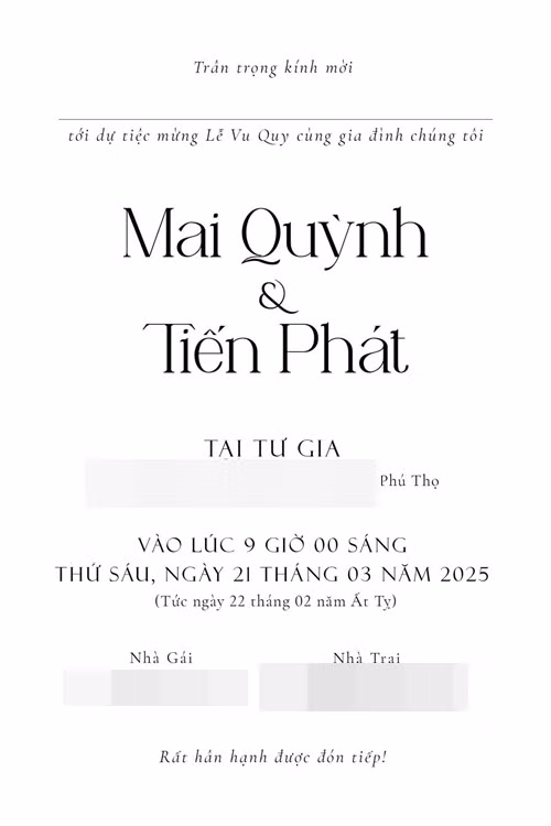 Đám cưới của Quỳnh Lương và Tiến Phát sẽ diễn ra vào ngày 21/3. "Mời mọi người đi đám cưới online cùng chúng tui nha", nữ diễn viên hài hước viết khi chia sẻ hình ảnh thiệp cưới.
