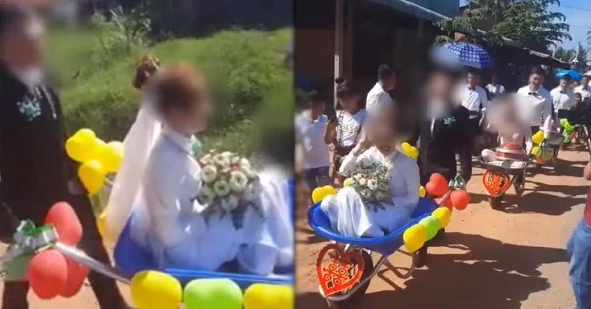 Có thể thấy, những chiếc xe rùa dùng để rước dâu trong đám cưới này được trang trí bằng việc dán chữ song hỷ màu đỏ và đính kèm vô số bong bóng nhiều màu sắc.