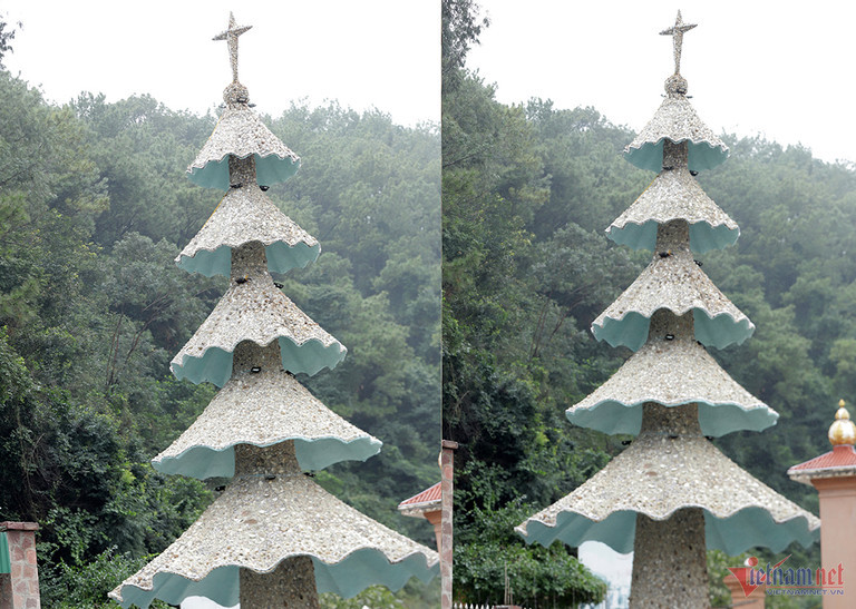 Cây có chiều cao 15m, gồm 5 tán lá: Đường kính tán lá lớn nhất 6m, đường kính tán nhỏ nhất 3,5m, được làm cốt từ xi măng, thép và điểm ốp mặt ngoài bằng vỏ sò, ốc, ngao…Ảnh: Vietnamnet