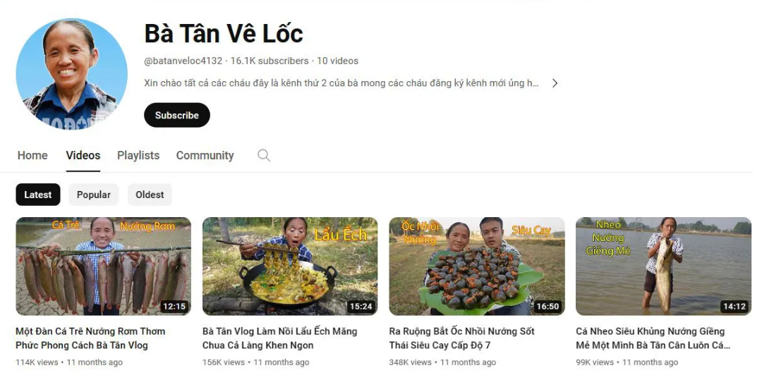 Để thu hút thêm lượt view, nữ Youtuber ẩm thực này còn tạo thêm kênh phụ với tên gọi "Bà Tân Vê Lốc" được tạo ra 11 tháng trước, tuy nhiên lượt đăng ký cũng chỉ "bết bát" với hơn 16.000 người đăng ký và hơn chục video được đăng tải.