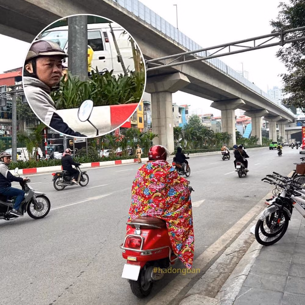 Theo cư dân mạng chia sẻ những hình ảnh trùm chăn bông đi đường này xuất hiện ở Hà Đông, Hà Nội. Ảnh: #hadongban