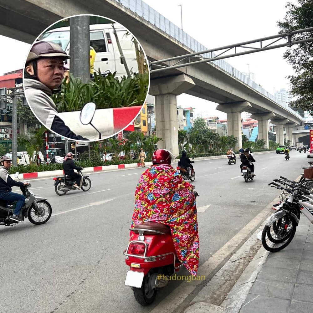 Theo cư dân mạng chia sẻ những hình ảnh trùm chăn bông đi đường này xuất hiện ở Hà Đông, Hà Nội. Ảnh: #hadongban