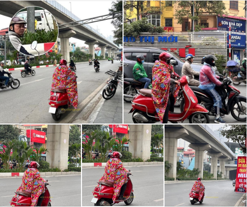 Mới đây một trang mạng xã hội đông thành viên đăng tải những hình ảnh một người đàn ông đầu đội mũ bảo hiểm, quấn quanh người chiếc chăn bông con công, điều khiển xe máy tham gia giao thông giữa trời rét. Ảnh: Chụp màn hình