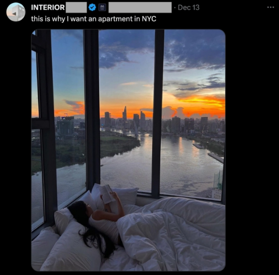 Mới nhất, một tài khoản chuyên đăng tải nội dung về kiến trúc trên nền tảng X (Twitter) đã đăng tải hình ảnh căn phòng này nhưng lại chú thích ở New York City (Mỹ).