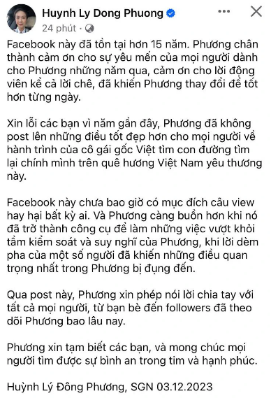Mới đây, cô bất ngờ tuyên bố "chia tay" mọi người trên Facebook cá nhân. Cụ thể, nữ cơ trưởng viết: "Facebook này chưa bao giờ có mục đích câu view hay hại bất kỳ ai. Và Phương càng buồn hơn khi nó đã trở thành công cụ để làm những việc vượt khỏi tầm kiểm soát và suy nghĩ của Phương, khi lời dèm pha của một số người đã khiến những điều quan trọng nhất trong Phương bị đụng đến".