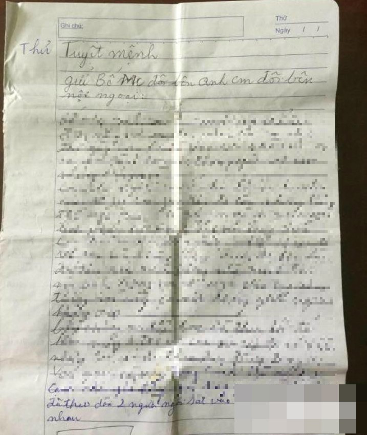 Bức thư tuyệt mệnh của người chồng để lại do gia đình cung cấp - Ảnh: VTC