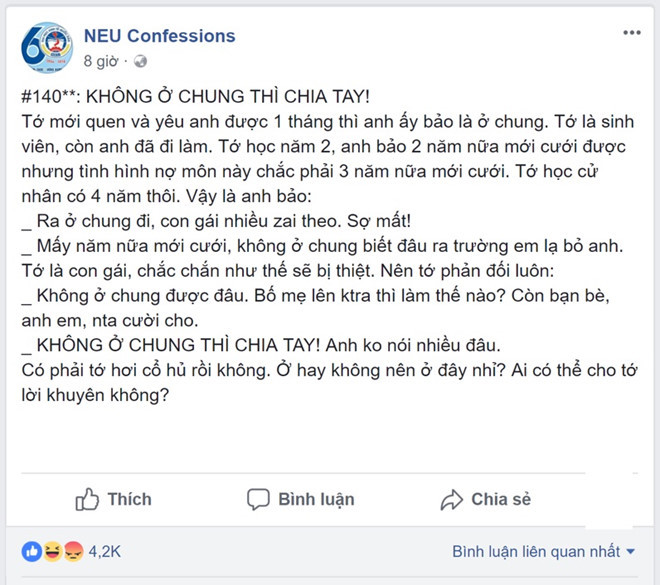 Câu chuyện nữ sinh băn khoăn có nên sống thử với bạn trai. Ảnh chụp màn hình.