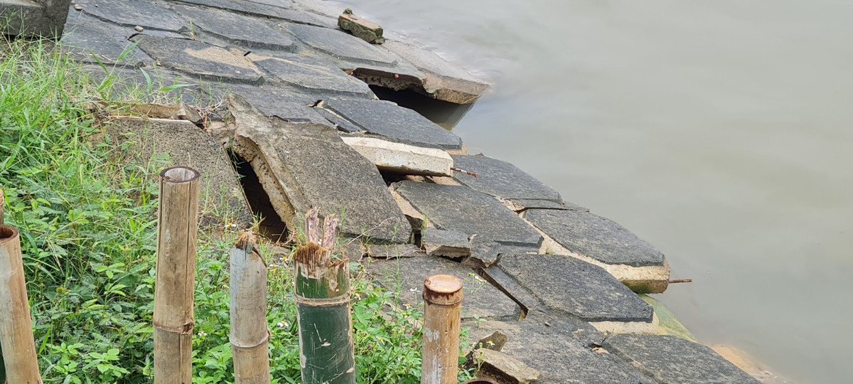 Nước lớn khiến nhiều vị trí sụt lún ăn sâu vào bên trong bờ kênh.