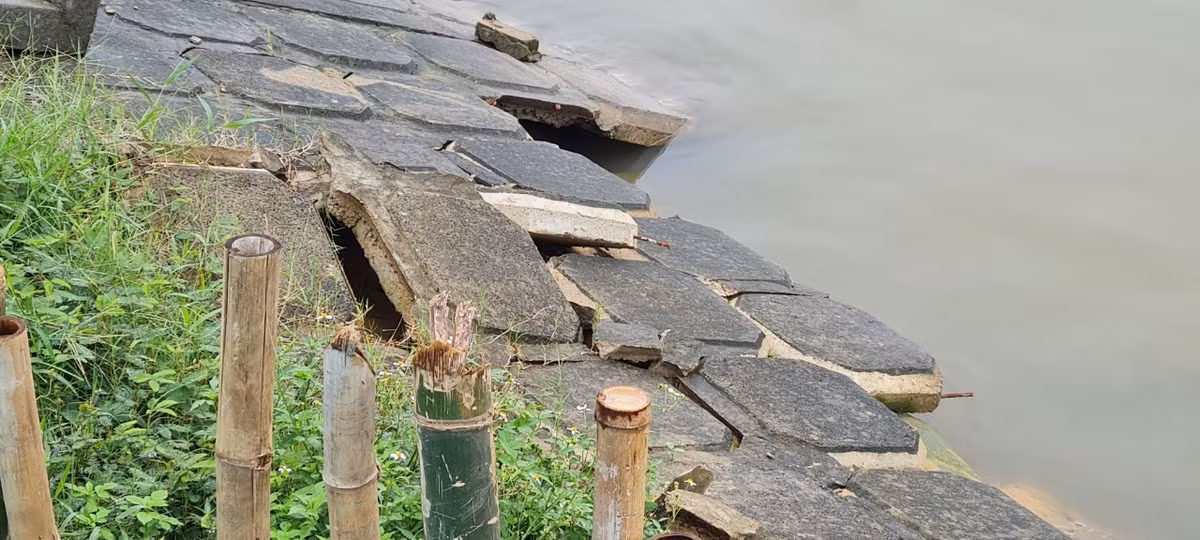 Nước lớn khiến nhiều vị trí sụt lún ăn sâu vào bên trong bờ kênh.