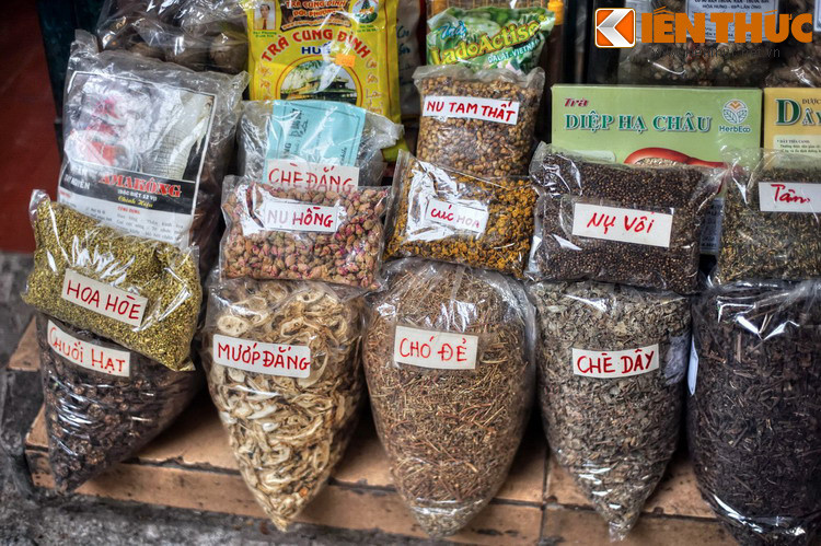 Dọc phố Lãn Ông có hàng chục cửa hàng thuốc Đông Y nằm san sát nhau, bán đủ mọi loại thuốc từ cao cấp như nhân sâm, linh chi, mật gấu... cho tới các loại bình dân quen thuộc như hoa hòe, nụ vối...