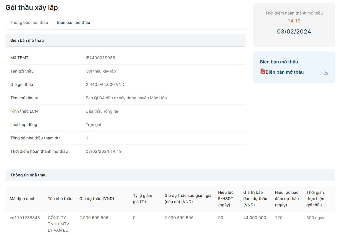 Gói xây lắp tại Mộc Hóa, Cty Lý Văn Bu không đáp ứng E-HSMT Goi xay lap tai Moc Hoa, Cty Ly Van Bu khong dap ung E-HSMT