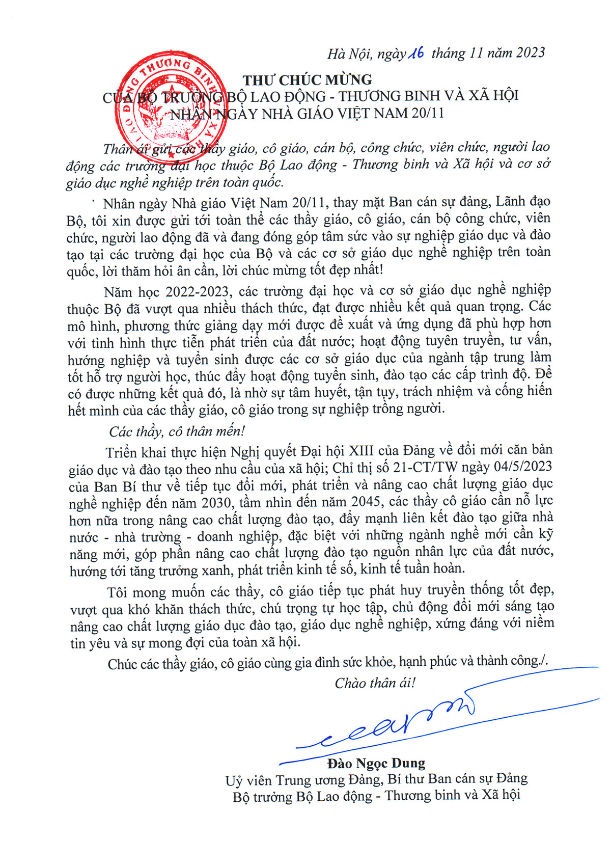 Thư Bộ trưởng Đào Ngọc Dung chúc mừng Ngày nhà giáo Việt Nam 20/11 Thu Bo truong Dao Ngoc Dung chuc mung Ngay nha giao Viet Nam 20/11