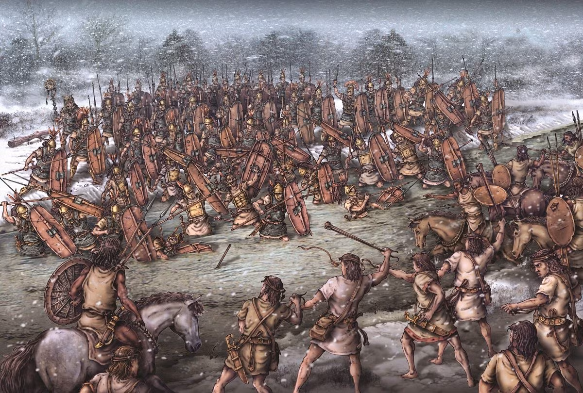 Về sau, binh sĩ La Mã buộc phải băng qua sông Trebia lạnh giá dưới trời mưa tuyết. Trong khi đó, lực lượng của tướng Hannibal cưỡi ngựa truy đuổi. Do phải lội nước ngang tới ngực nên lính bộ binh La Mã rét run và không thể cầm chắc vũ khí để chiến đấu vì lạnh cóng.