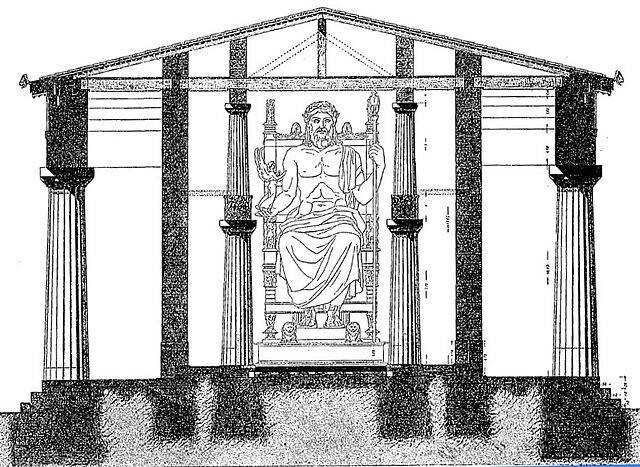 Bên trong đền thờ này cũng được trang hoàng lộng lẫy, nổi bật là tượng thần Zeus cao 12m. Đây là kiệt tác của nhà điêu khắc Hy Lạp Phidias tạo ra vào khoảng năm 436 trước Công nguyên.