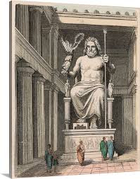 Bức tượng tạc thần Zeus ngồi trên ngai vàng bằng gỗ tuyết tùng được trang trí bằng vàng, ngà voi, gỗ mun và đá quý. Tay trái thần Zeus cầm vương trượng quyền lực. Pho tượng này được công nhận là một trong 7 kỳ quan thế giới cổ đại.