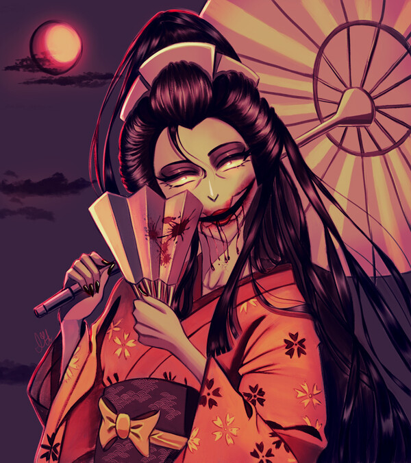 Do có cái chết đau đớn nên linh hồn của Kuchisake-Onna thường đi lang thang trong đêm. Yêu quái này che kín khuôn mặt và giấu trong người một chiếc kéo sắc bén.