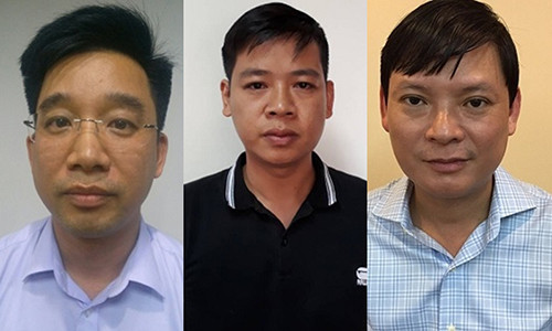 Các bị can Bùi Mạnh Hiển, Nguyễn Đưc Hưng, Nguyễn Minh Anh (từ trái sang).