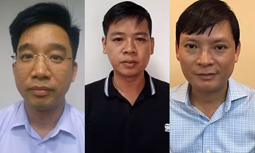 Các bị can Bùi Mạnh Hiển, Nguyễn Đưc Hưng, Nguyễn Minh Anh (từ trái sang).