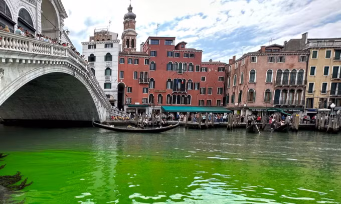 Vào sáng 28/5, nước trên kênh đào Grand, đoạn gần cầu Rialto ở thành phố Venice, Italy bất ngờ chuyển sang màu xanh lá. Ngay sau khi phát hiện sự việc này, chính quyền địa phương đã lấy mẫu nước trên kênh Grand, kiểm tra video từ camera giám sát và hỏi những lái thuyền địa phương họ có thấy điều gì bất thường hay không.