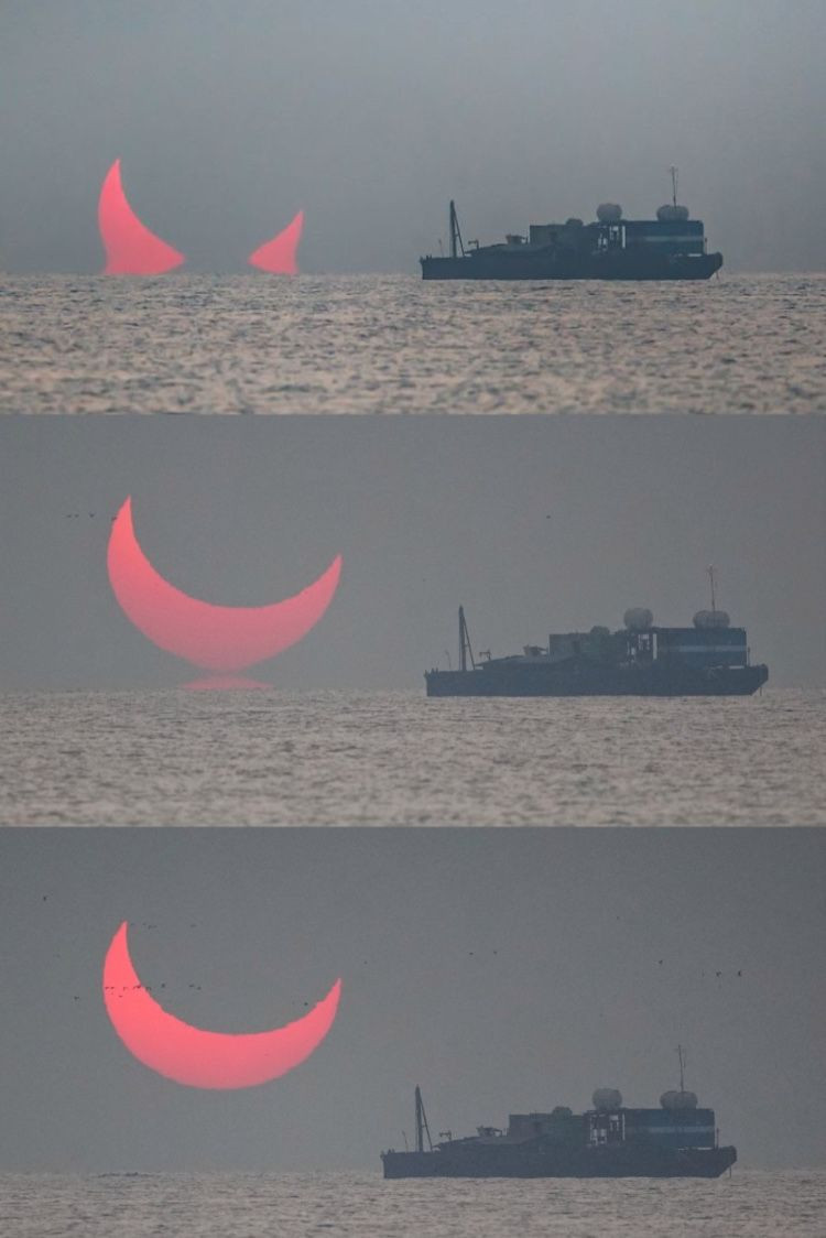 Khi Mặt trời di chuyển khỏi đường chân trời, nó được mọi người nhìn thấy hình dạng lưỡi liềm.