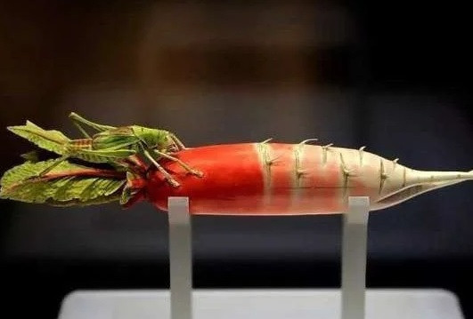 "Cây củ cải" được chế tác tinh xảo không kém "cây cải thảo". Ở phần đầu của "cây củ cải" có một con châu chấu. Dù trải qua hàng trăm năm nhưng màu sắc của "cây cải thảo" và "củ cải" vẫn rõ nét mà không bị bay màu. Thông thường, màu sắc trên những tác phẩm chạm khắc từ ngà voi sẽ phai màu dần sau khoảng 2 - 3 năm.