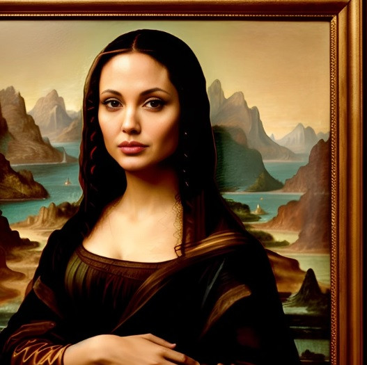 Nhan sắc mỹ miều của diễn viên nổi tiếng Angelina Jolie khi được AI "hô biến" thành tranh vẽ giống kiệt tác Mona Lisa.