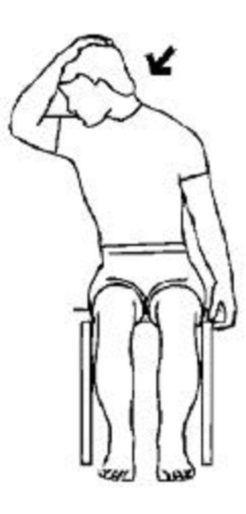 4. Căng nhóm cơ nâng vai - cánh tay buông thõng: Bạn ngồi trên ghế với cánh tay trái buông thõng, sát vào thân người. Đặt tay phải lên đầu, kéo nhẹ đầu theo hướng chéo xuống dưới đất. Giữ nguyên tư thế 10 giây. Bạn đổi bên, lặp lại mỗi cặp động tác 10 lần. Bạn tập 2 lần/ngày.