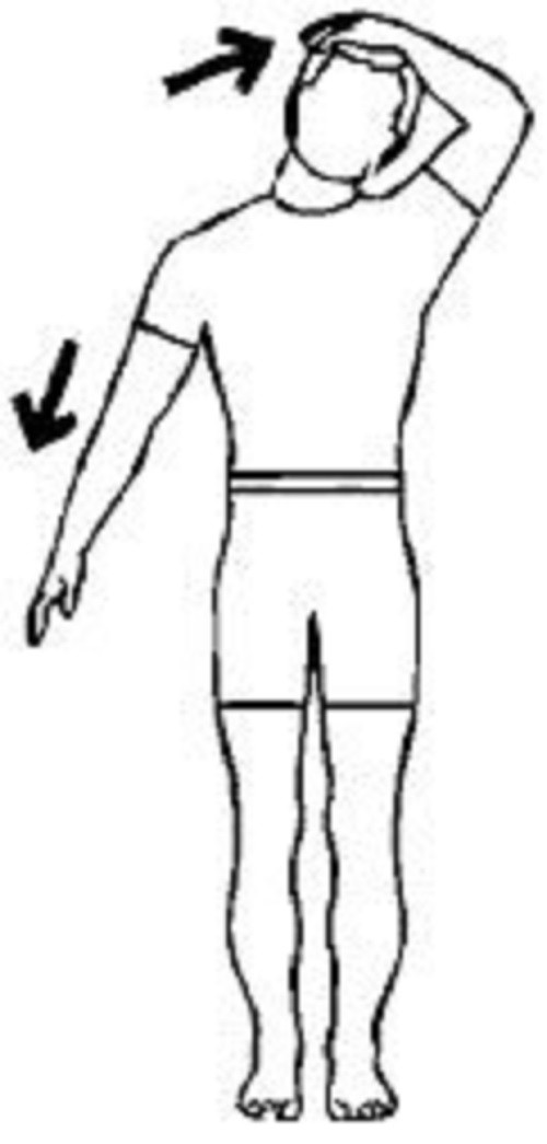 3. Căng cổ sang bên, cánh tay duỗi: Bạn có thể đứng hoặc ngồi. Cánh tay phải duỗi thẳng, hướng chéo xuống đất. Tay trái đặt trên đỉnh đầu. Nhẹ nhàng đẩy đầu sang trái, căng các cơ vùng cổ bên phải. Giữ nguyên tư thế trong 10 giây. Sau đó bạn đổi bên. Bạn lặp lại cặp động tác 10 lần. Bạn tập 2 lần/ngày.