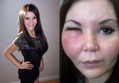 Năm ngoái, một phụ nữ tên là Jo ở London cũng gặp phải biến chứng do tiêm chất làm đầy filler. Jo tới trung tâm thẩm mỹ tư nhân để tiến hành ca bơm má. Kết quả là sau 3 năm gò má của cô cũng bị biến dạng rất đáng sợ. Thậm chí khối u cục tạo nên bởi chất làm đầy còn... di chuyển về phía não của cô Jo, đe dọa trực tiếp tới tính mạng và sức khỏe.