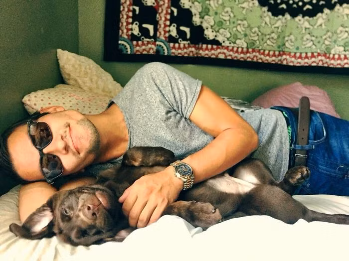 Khi nghỉ ngơi, chú chó có dáng nằm thảnh thơi nhưng không kém phần vui nhộn giống hệt chủ.