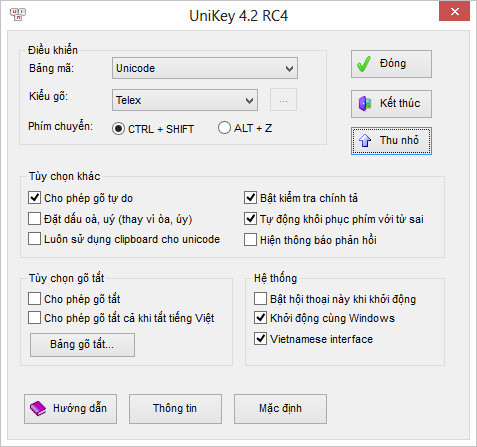 Unikey (miễn phí): Unikey là phần mềm hỗ trợ gõ tiếng Việt trên máy tính phổ biến nhất hiện nay. Unikey hỗ trợ nhiều bảng mã gõ tiếng Việt đi kèm với nhiều tiện ích khác, giúp người dùng ngoài việc nhập liệu tiếng Việt còn có thể chuyển đổi font chữ, gõ tắt, đổi chữ hoa sang thường và ngược lại.