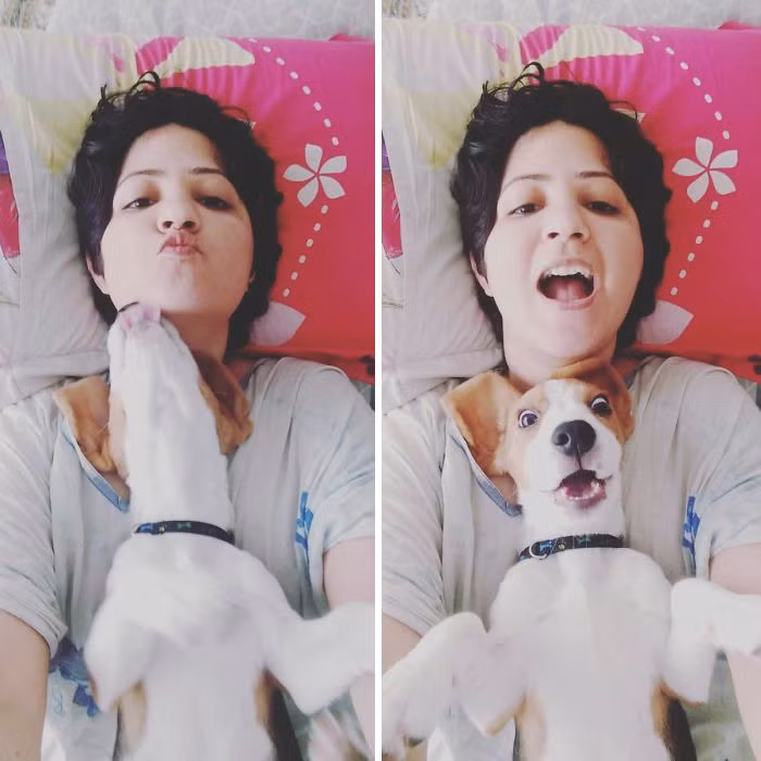 Trong ảnh là màn hài hước khi chó cưng bắt chước biểu cảm ngạc nhiên tột độ của cô chủ.