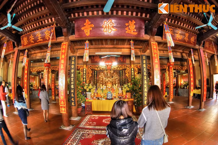 Nét nổi bật trong tòa Tam bảo là những cửa võng được sơn son thếp vàng lộng lẫy, chạm trổ công phu, tỉ mỉ bằng kỹ thuật chạm lộng, chạm thủng với các đề tài tứ linh, đan xen hoa lá mang tính nghệ thuật cao.