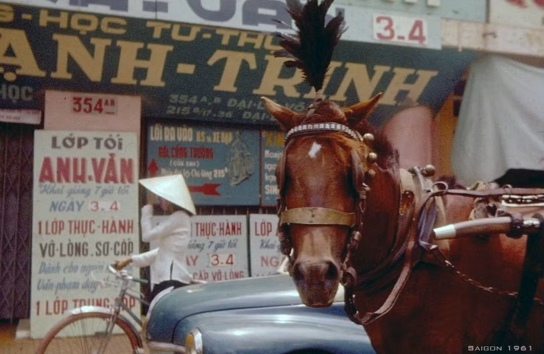 Xe ngựa đi ngang qua trường Trung học Tư thục Chu Mạnh Trinh ở đường Võ Di Nguy, nay là đường Phan Đình Phùng. Ảnh: Ebay.