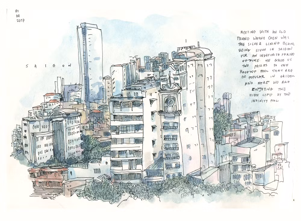 Khung cảnh nhìn từ bể bơi trên tầng thượng một tòa nhà cao tầng ở trung tâm TP HCM. Ảnh: Portland Sketcher.