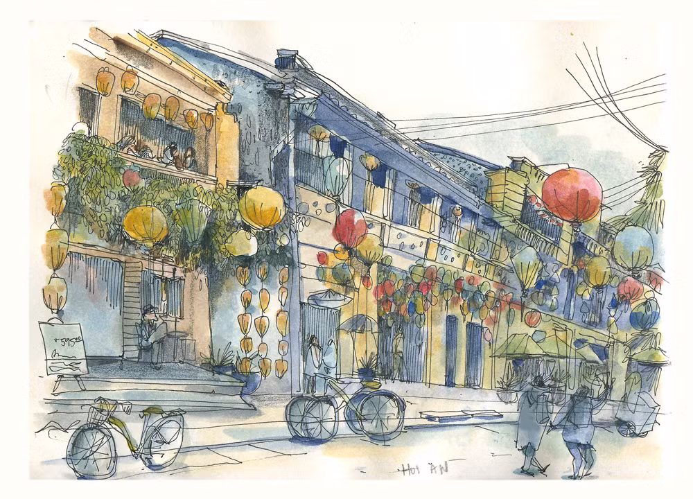 Sắc màu rực rỡ của đèn lồng trên đường phố Hội An. Ảnh: Portland Sketcher.