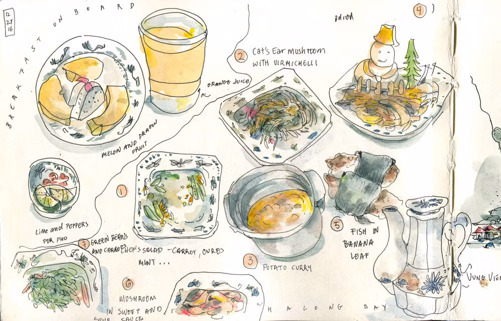 Các món ăn được phụ vụ trên du thuyền Hạ Long. Ảnh: Portland Sketcher.