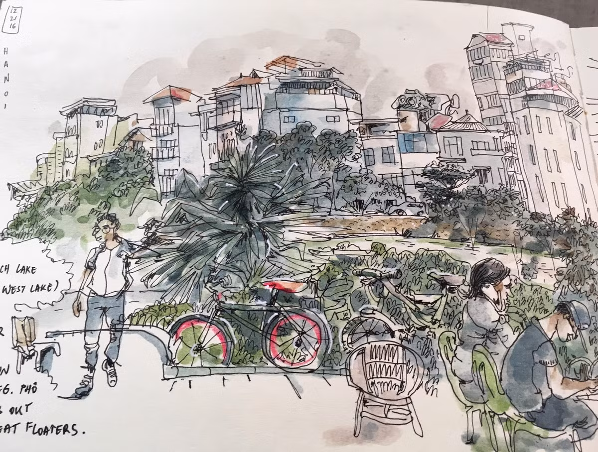Vườn hoa ở đường Thanh Niên, bên bờ hồ Trúc Bạch, Hà Nội. Ảnh: Portland Sketcher.