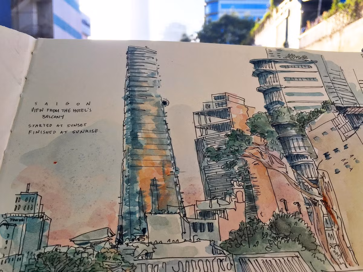 Tháp Bitexco nhìn từ ban công khách sạn họa sĩ Mỹ cư trú ở TP HCM. Ảnh: Portland Sketcher.