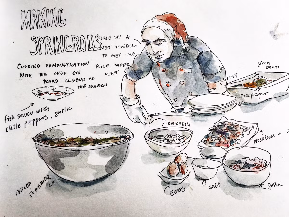 Buổi học làm nem cuốn Việt Nam trên du thuyền vào đêm Giáng sinh. Ảnh: Portland Sketcher.