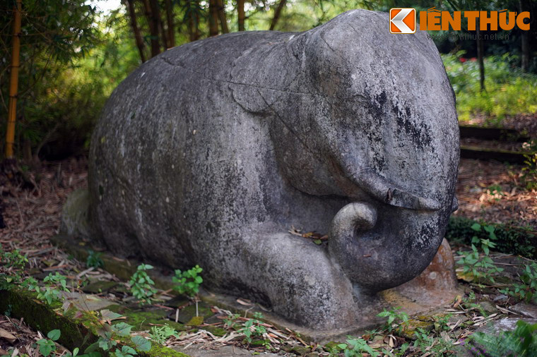 Tượng voi đá bên trái có kích thước nhỏ hơn một chút, như thể hiện đây là một voi cái. Tạo hình của voi này có phần đơn giản hơn so với voi đối diện.