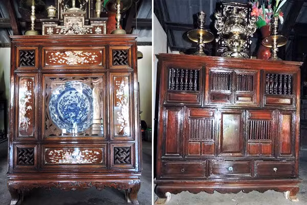 Tủ thờ hàng trăm năm tuổi bằng gỗ mít đã lên nước bóng của thời gian. Ảnh: eva.vn.