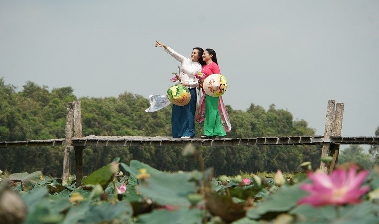 Du khách check-in ở đồng sen Gò Tháp.