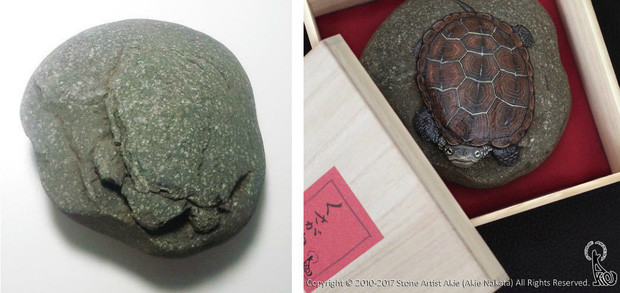 Khi chọn được viên đá mong muốn, Akie bắt đầu dùng cọ vẽ phác thảo các đường nét dựa theo hình dáng vốn có, sau đó tô màu và chỉnh sửa các chi tiết đến khi hoàn thiện.