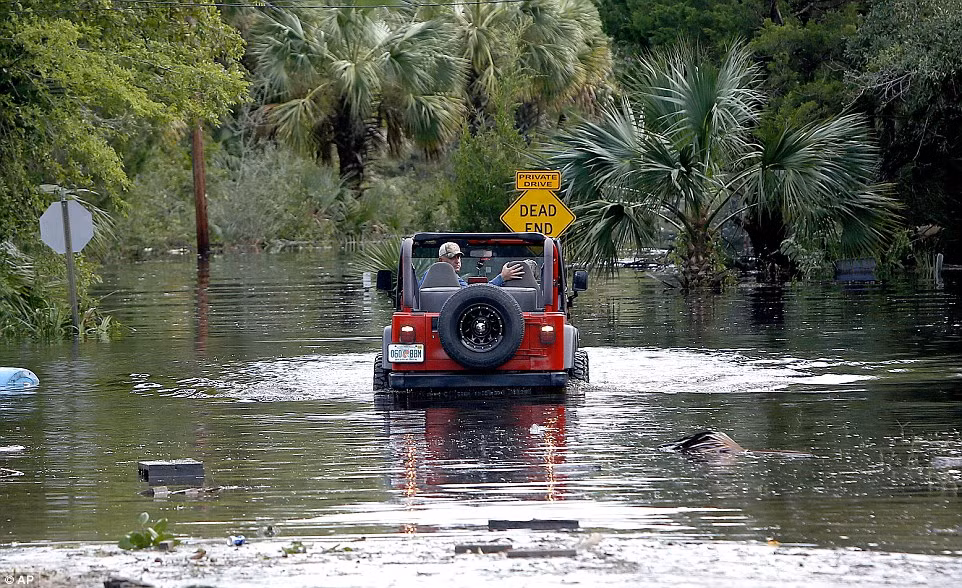 Người đàn ông lái xe Jeep vượt qua đoạn đường ngập nước ở Steinhatchee, Florida.