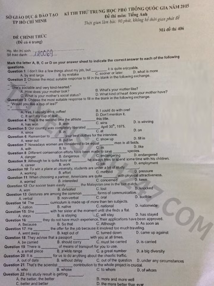 Dap an de thi thu mon Tieng Anh THPT Quoc gia nam 2015 TP HCM