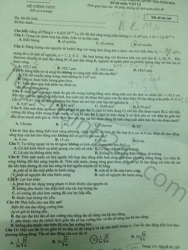 Dap an de thi thu mon Vat Ly ky thi thu THPT quoc gia toan TP HCM