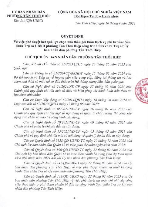 TP HCM: Hong Ha Vina lien tiep trung thau tai UBND P.Tan Thoi Hiep